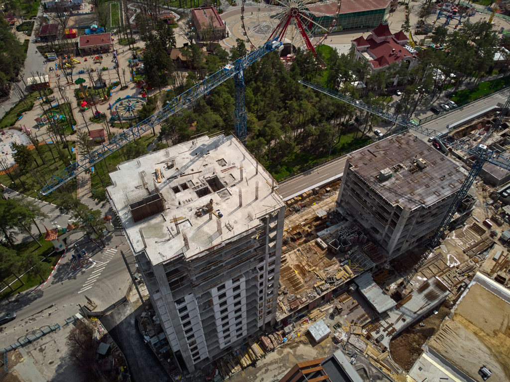 Aerial view of a busy construction site